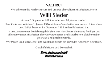 Traueranzeige von Willi Sieder 
