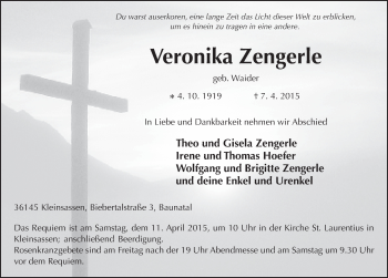Traueranzeige von Veronika Zengerle 