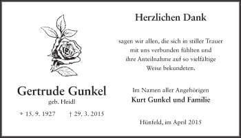 Traueranzeige von Gertrude Gunkel 