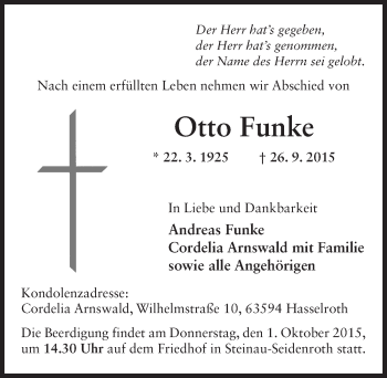 Traueranzeige von Otto Funke 