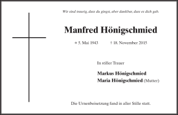 Traueranzeige von Manfred Hönigschmied 