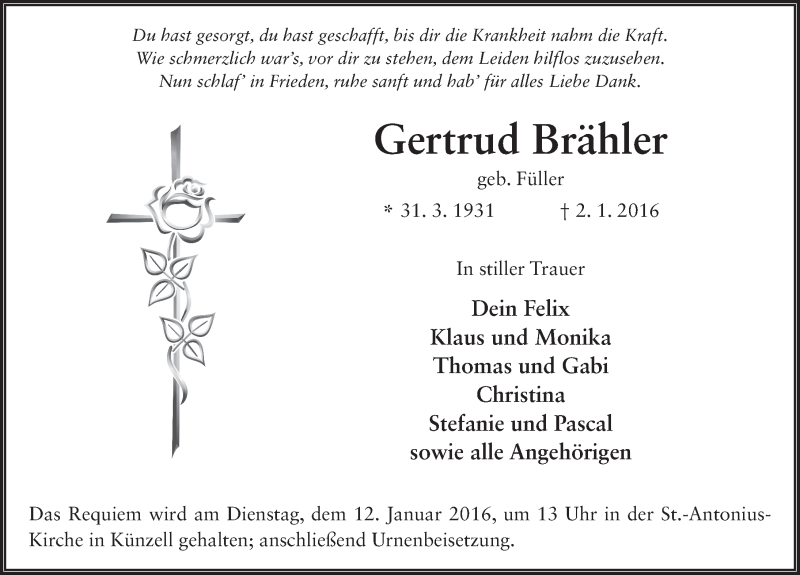  Traueranzeige für Gertrud Brähler vom 08.01.2016 aus 