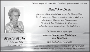 Traueranzeige von Maria Mahr 