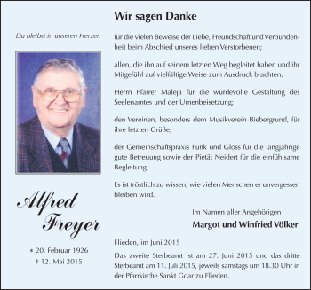 Traueranzeige von Alfred Freyer 