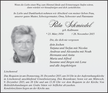Traueranzeige von Rita Schmiedel 