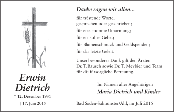 Traueranzeige von Erwin Dietrich 