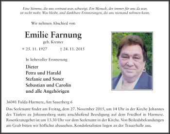 Traueranzeige von Emilie Farnung 