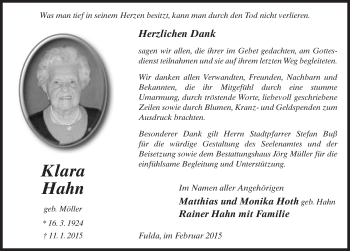 Traueranzeige von Klara Hahn 