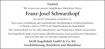Traueranzeige von Franz-Josef Schwarzkopf 