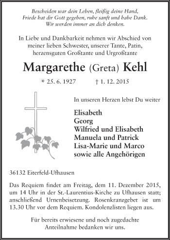 Traueranzeige von Margarethe Kehl 