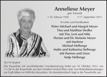Traueranzeige von Anneliese Meyer 