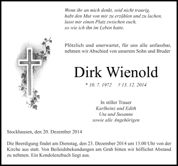 Traueranzeige von Dirk Wienold 