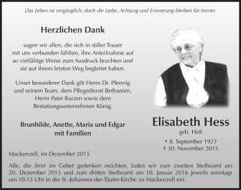 Traueranzeige von Elisabeth Hess 