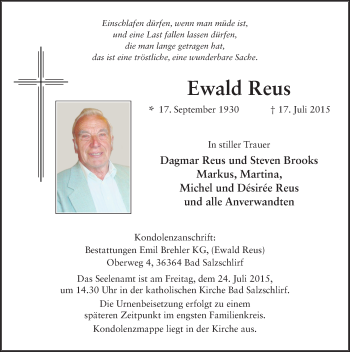 Traueranzeige von Ewald Reus 