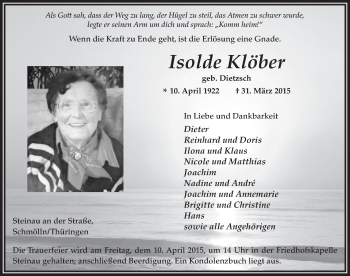 Traueranzeige von Isolde Klöber 