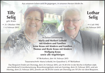 Traueranzeige von Tilly und Lothar Selig 