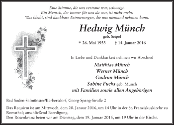 Traueranzeige von Hedwig Münch 