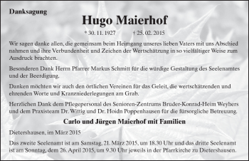 Traueranzeige von Hugo Maierhof 