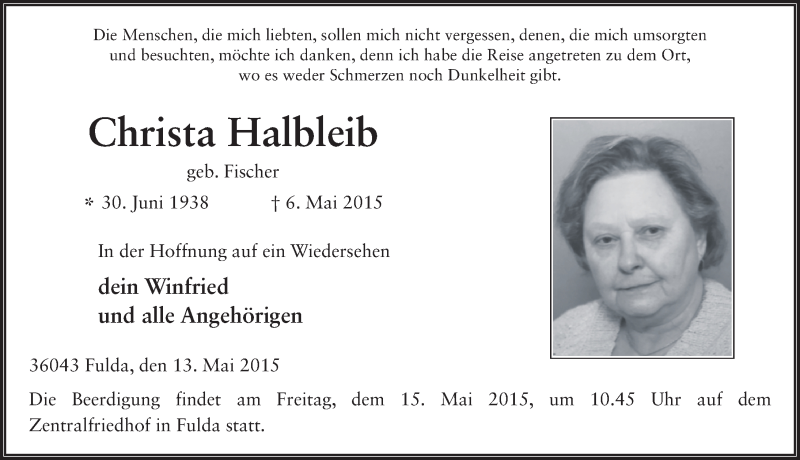  Traueranzeige für Christa Halbleib vom 13.05.2015 aus 