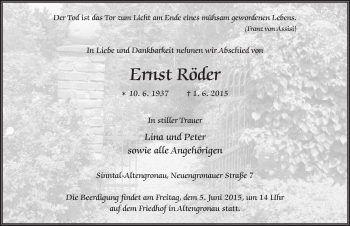 Traueranzeige von Ernst Röder 
