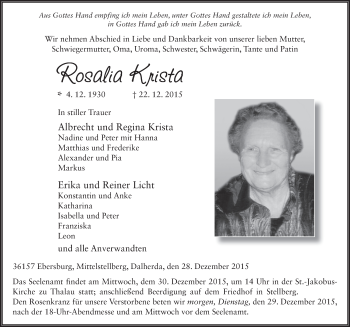 Traueranzeige von Roswitha Krista 