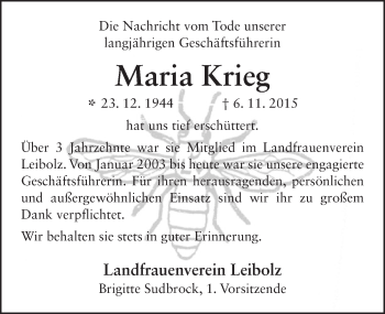 Traueranzeige von Maria Krieg 