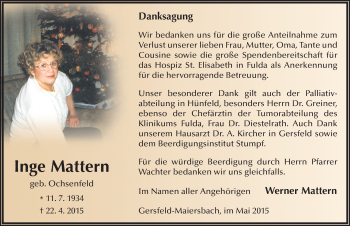 Traueranzeige von Inge Mattern 