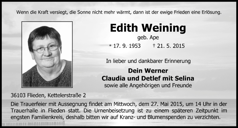  Traueranzeige für Edith Weining vom 26.05.2015 aus 