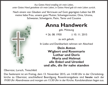 Traueranzeige von Anna Handwerk 