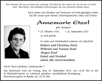 Traueranzeige von Annemarie Etzel 