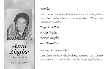 Traueranzeige von Anni Ziegler 