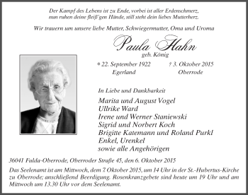 Traueranzeige von Paula Hahn 