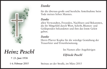Traueranzeige von Heinz Peschl 