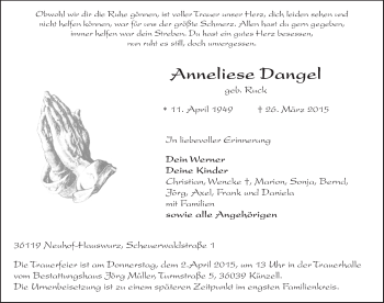 Traueranzeige von Anneliese Dangel 