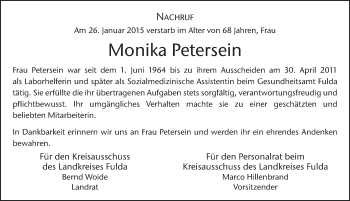 Traueranzeige von Monika Petersein 
