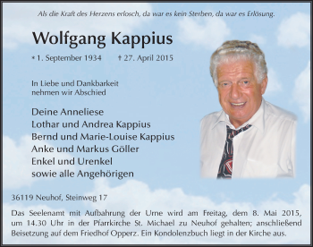 Traueranzeige von Wolfgang Kappius 