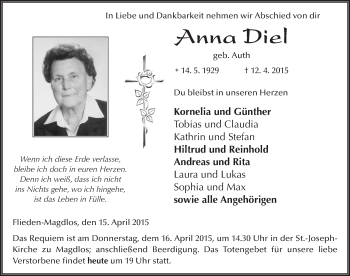 Traueranzeige von Anna Diel 
