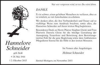 Traueranzeige von Hannelore Schneider 