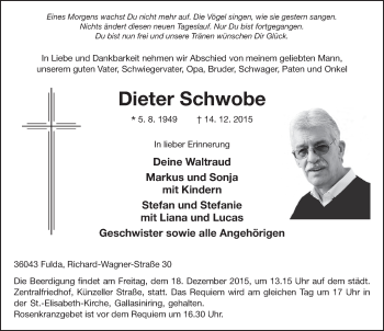 Traueranzeige von Dieter Schwobe 