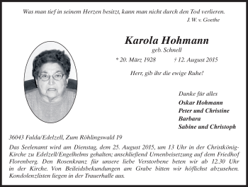Traueranzeige von Karola Hohmann 