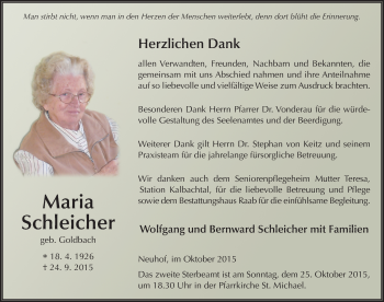 Traueranzeige von Maria Schleicher 