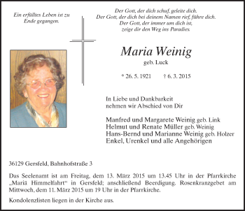 Traueranzeige von Maria Weinig 