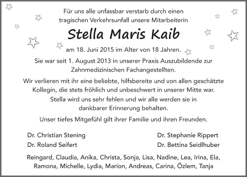  Traueranzeige für Stella Maris Kaib vom 01.07.2015 aus 
