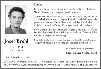 Traueranzeige von Josef Brehl 