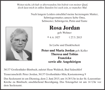 Traueranzeige von Rosa Jordan 