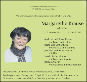 Traueranzeige von Margarethe Krause 