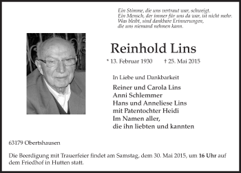 Traueranzeige von Reinhold Lins 