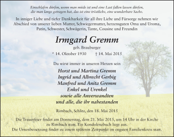 Traueranzeige von Irmgard Gremm 