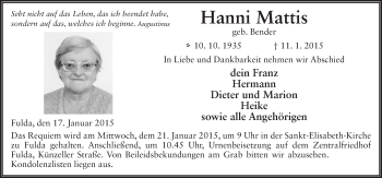 Traueranzeige von Hanni Mattis 