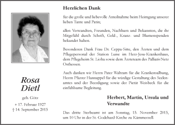 Traueranzeige von Rosa Dietl 